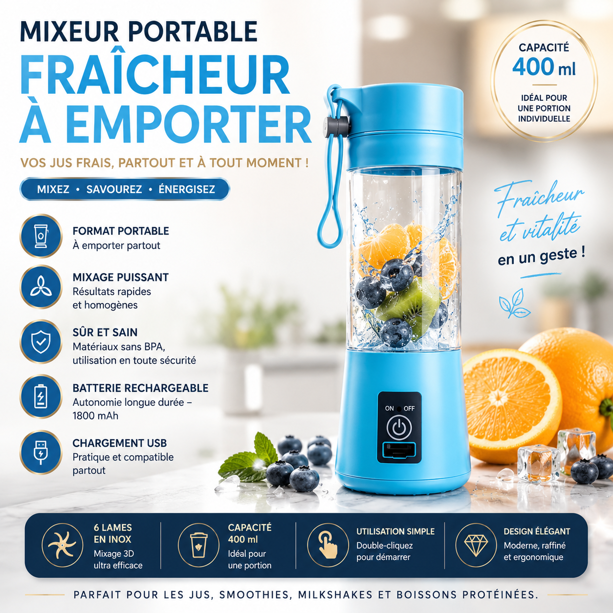 Portable USB Rechargeable Blender – Mini Smoothie & Fruit Juice Mixer