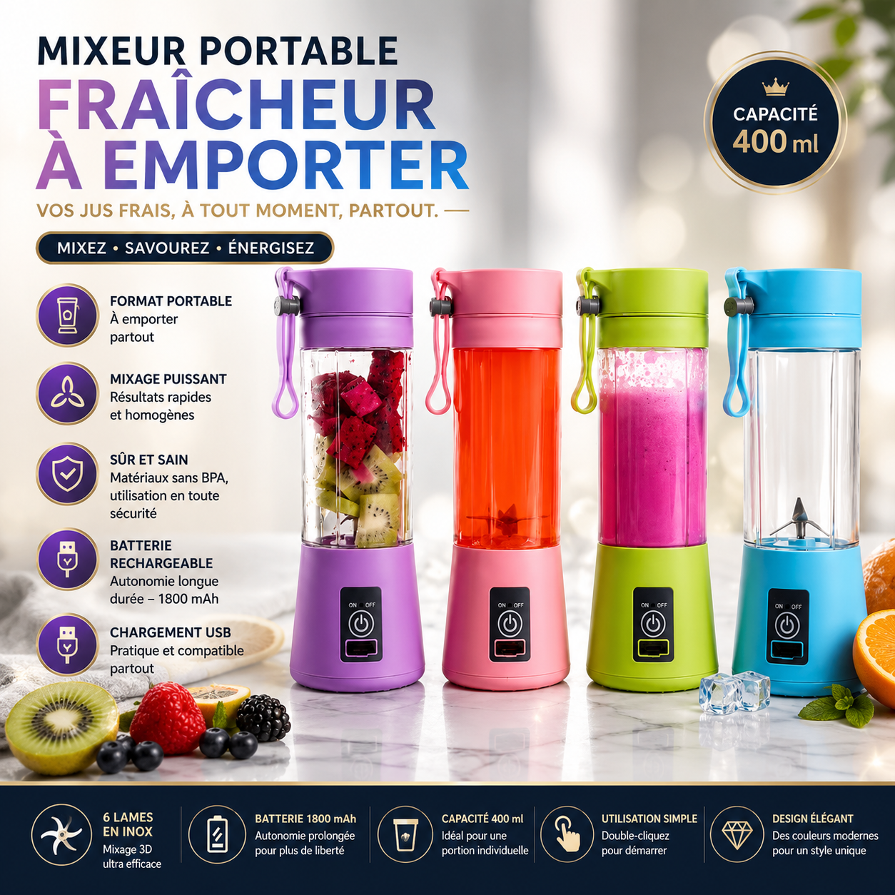 Portable USB Rechargeable Blender – Mini Smoothie & Fruit Juice Mixer