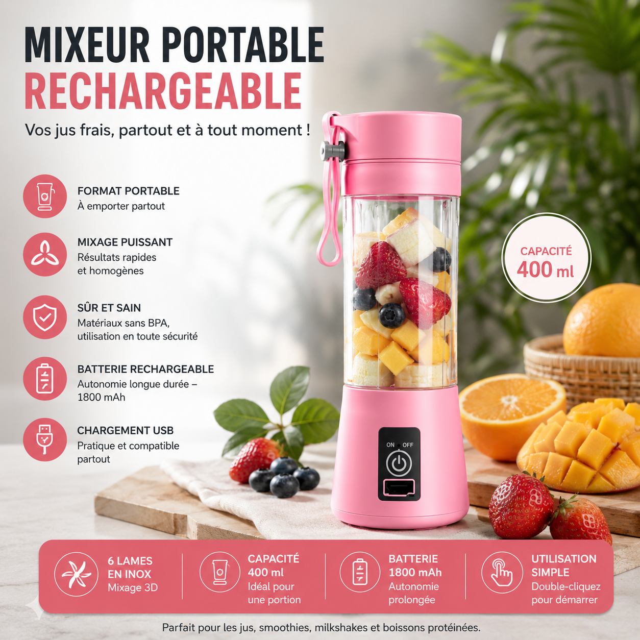 Portable USB Rechargeable Blender – Mini Smoothie & Fruit Juice Mixer