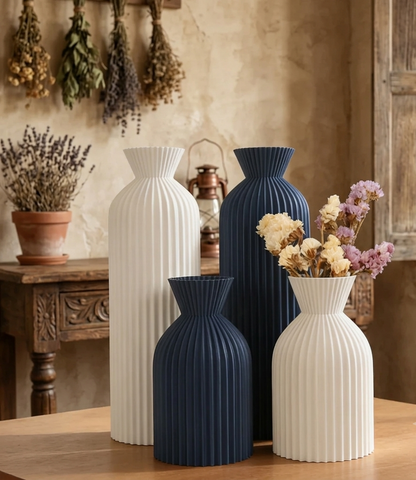 Set de Vases Céramique Striée – Design Wabi-Sabi