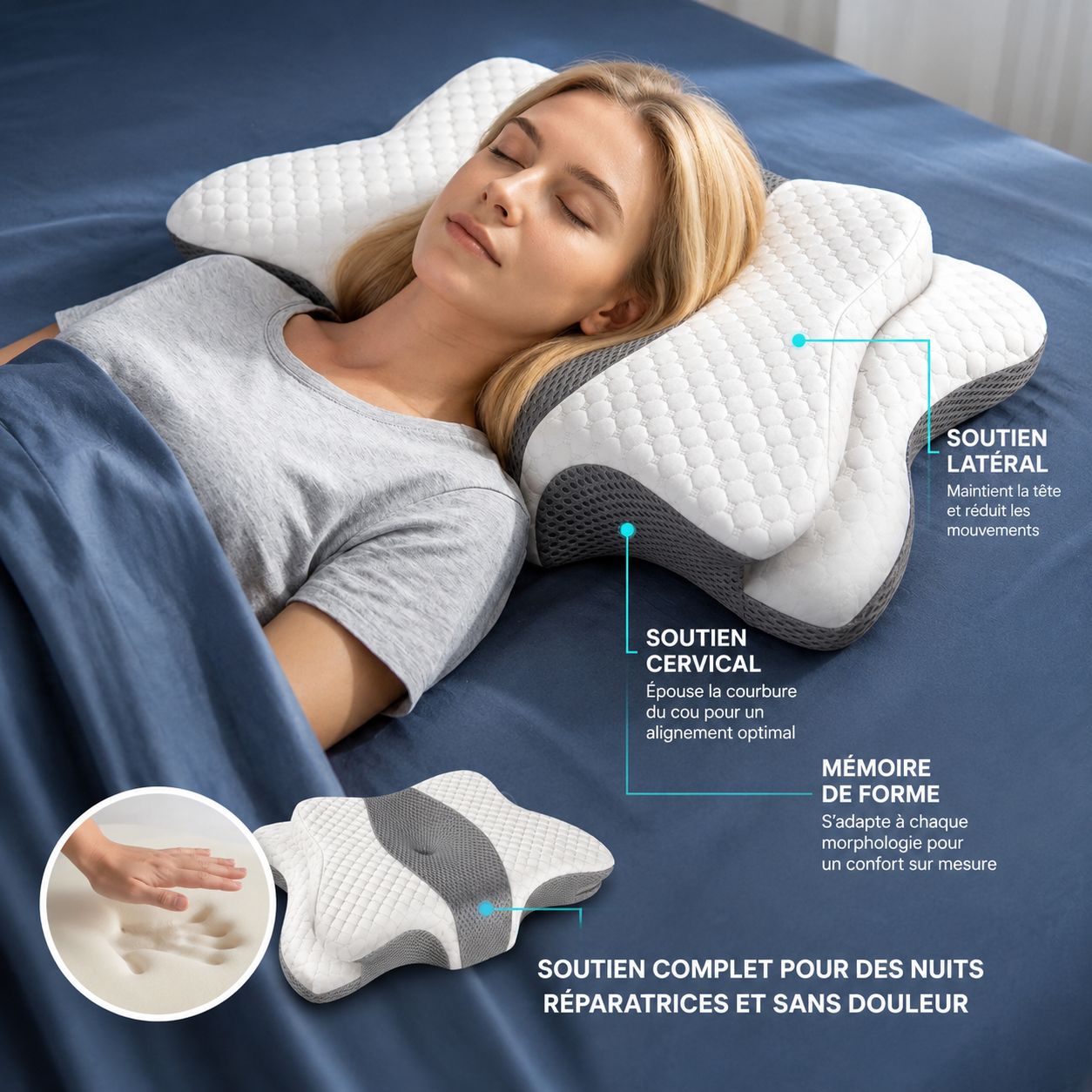 Oreiller Cervical Ergonomique a Memoire de Forme - Soulagement Douleurs & Sommeil Reparateur