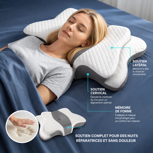 Oreiller Cervical Ergonomique a Memoire de Forme - Soulagement Douleurs & Sommeil Reparateur