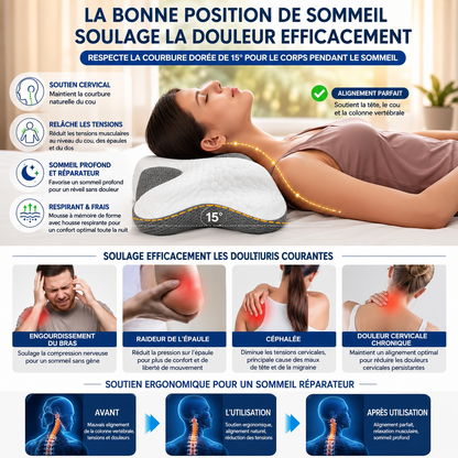 Oreiller Cervical Ergonomique a Memoire de Forme - Soulagement Douleurs & Sommeil Reparateur