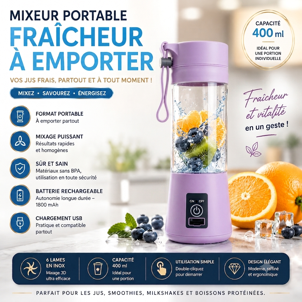 Portable USB Rechargeable Blender – Mini Smoothie & Fruit Juice Mixer