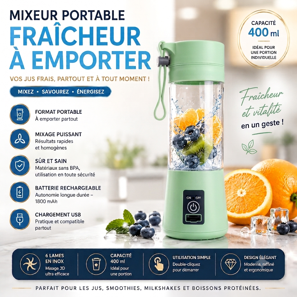 Portable USB Rechargeable Blender – Mini Smoothie & Fruit Juice Mixer