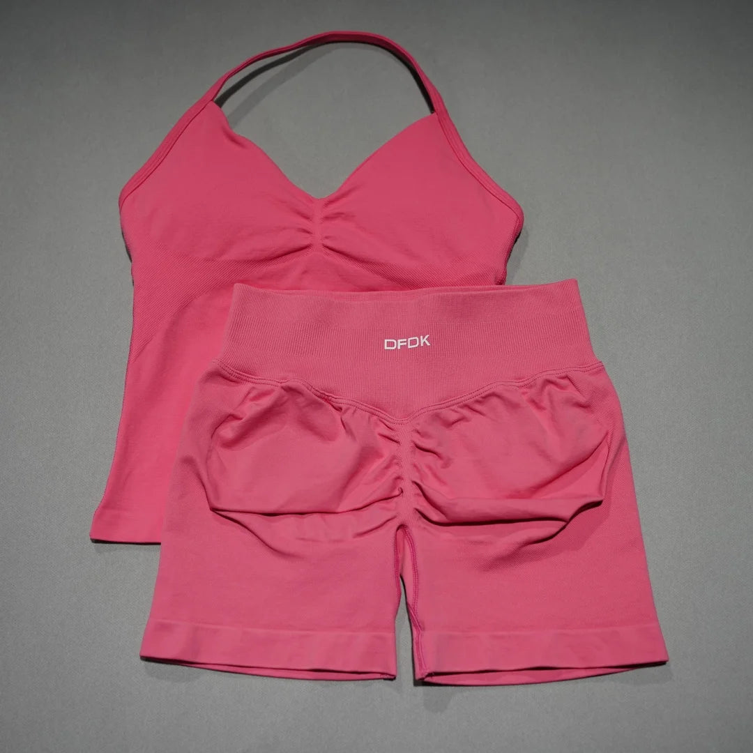 2 Piece Seamless Sports Set - Sculpting Shorts & Backless Tank Top