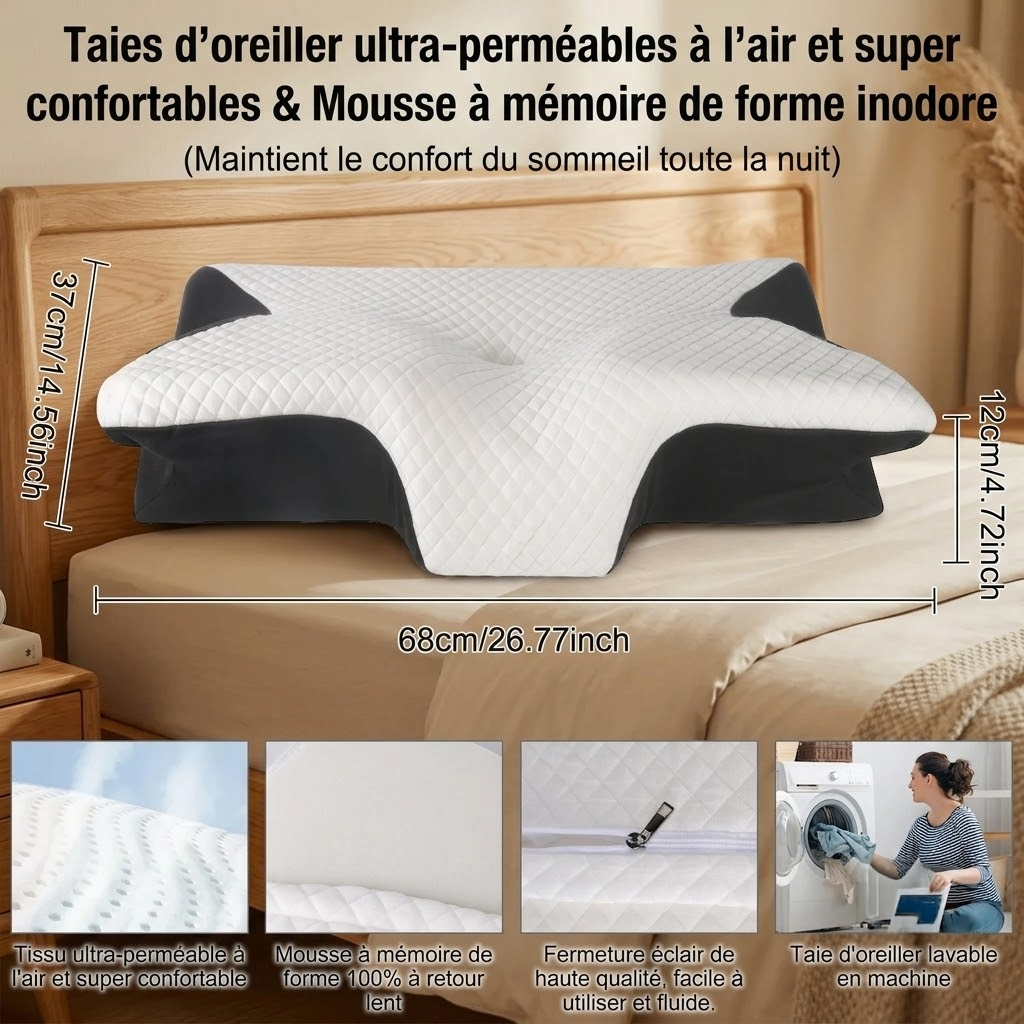 Oreiller Cervical Ergonomique a Memoire de Forme - Soulagement Douleurs & Sommeil Reparateur